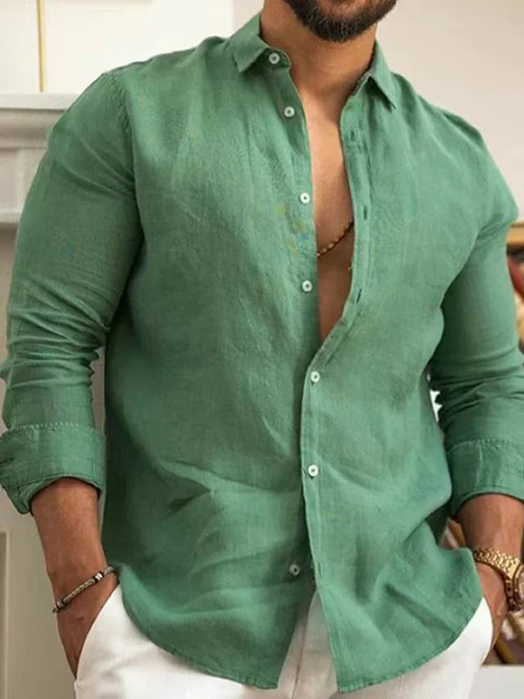 Nantes™ - Chemise unie en coton et lin de couleur unie pour hommes, boutonnée classique